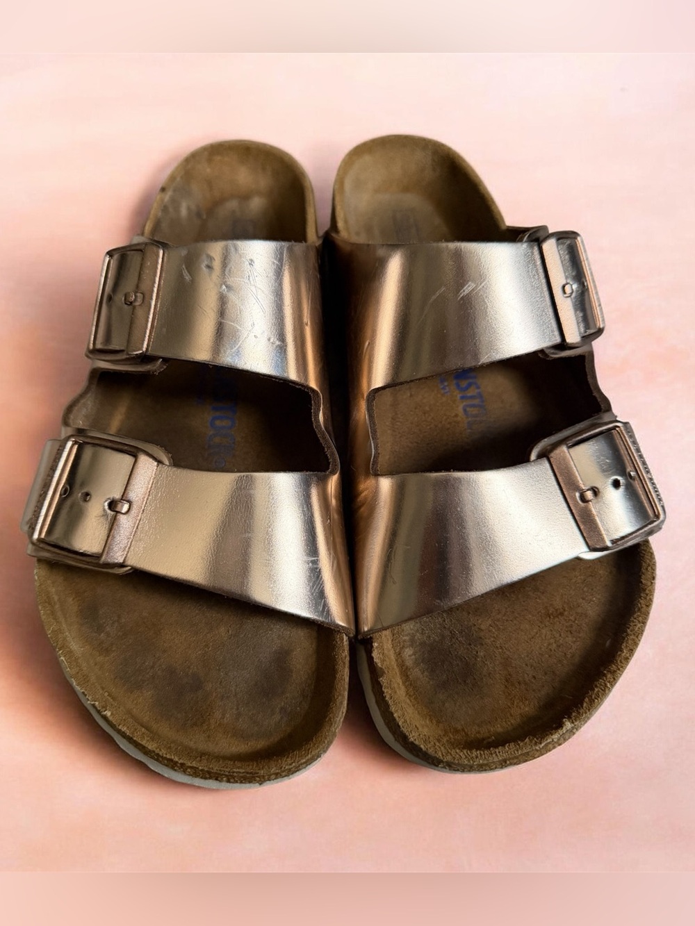 Birkenstock women’s 
Metallic Bronze Double-Strap Slides